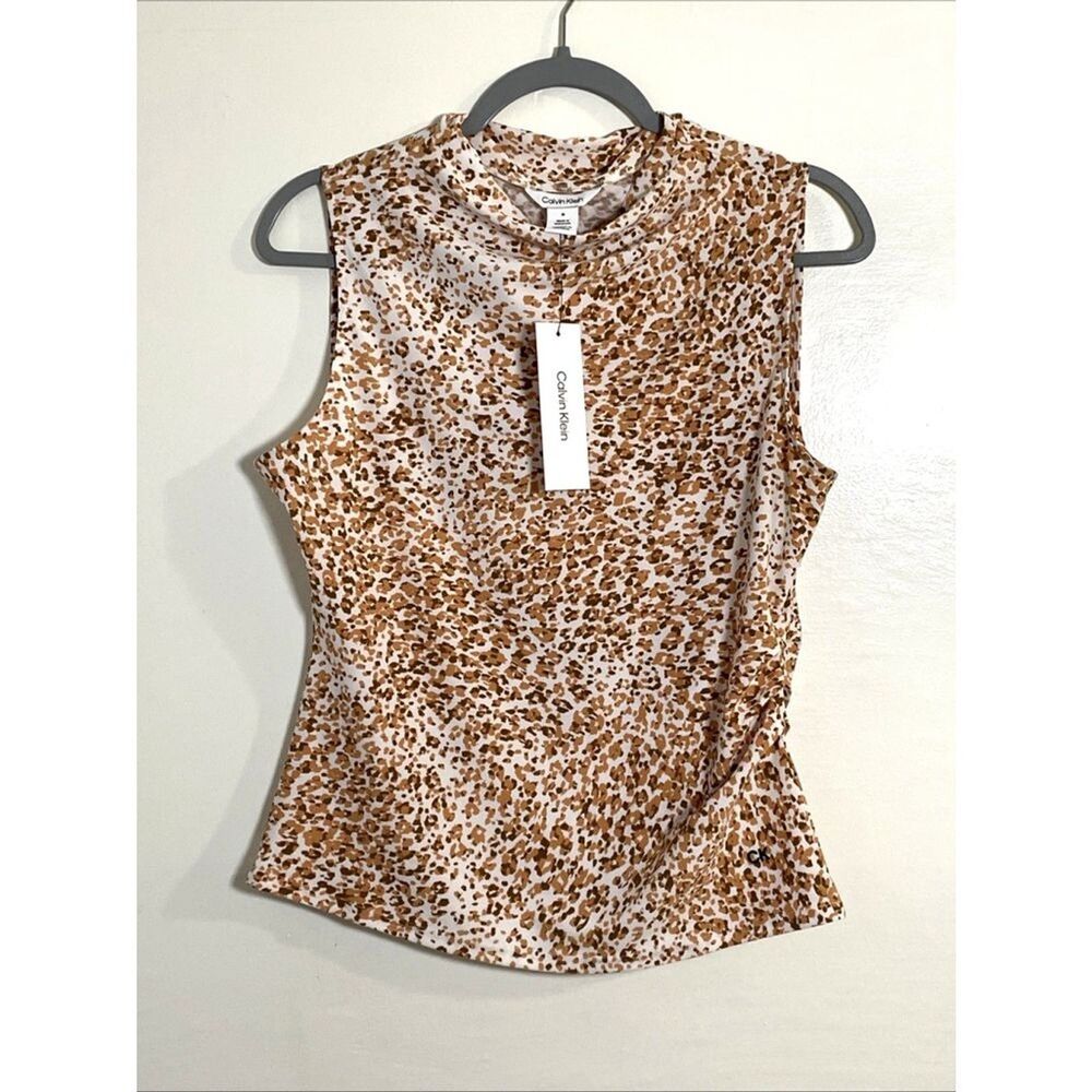 Calvin Klein Womens Leopard Cheetah Blouse Tank Top Sz Medium NWT Office Career